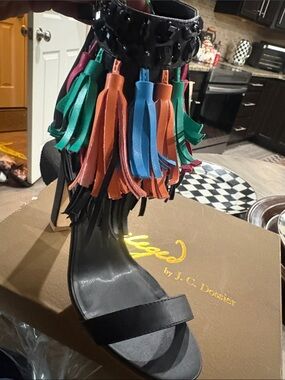 Privileged Black Ankle-Strap Heels with Multicolor Tassel Fringe BRAND NEW